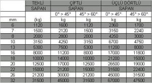 Çift Bacaklı Zincir Sapan Özellik Tablosu